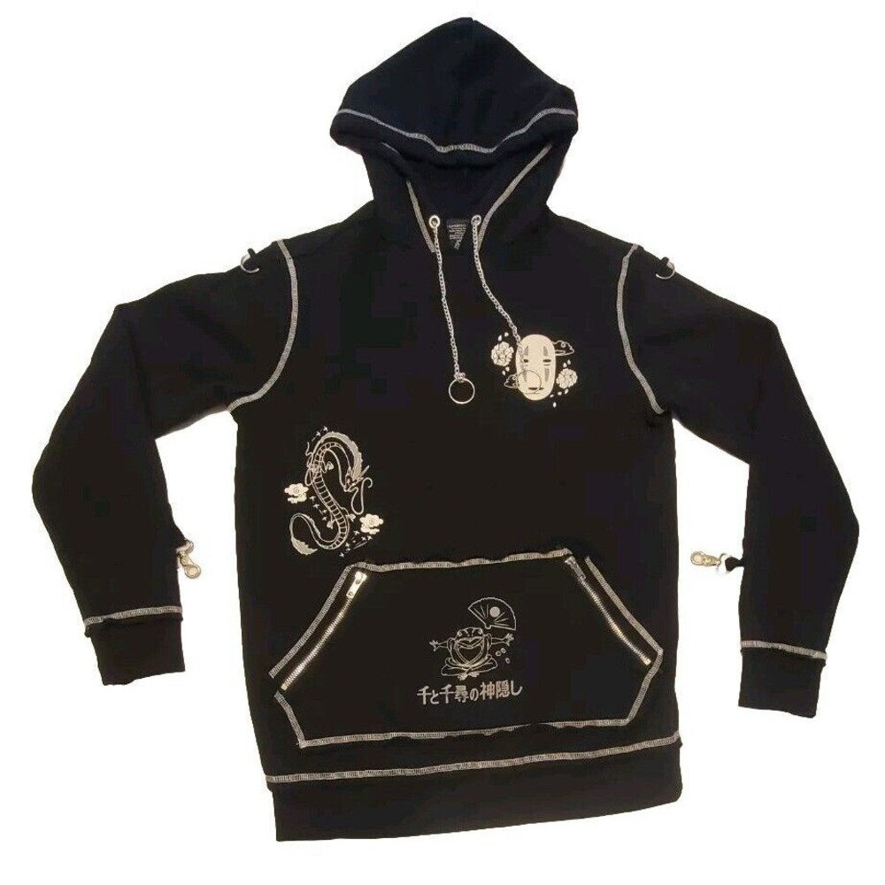 Vtg Studio Ghibli Spirited Away Black Hoodie Metal Chain Drawstring No Face Sz S